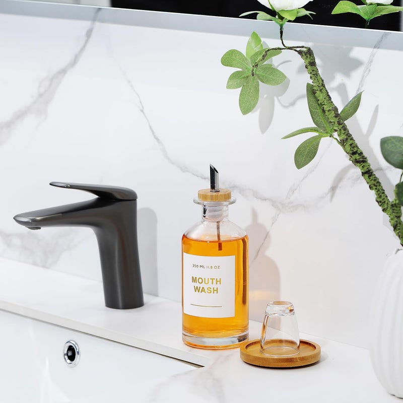 BONLONG 11.8OZ Glass Mouthwash Dispenser for Bathroom with Stainless Steel & Bamboo Nozzle, Mouthwash Cup Reusable, Bamboo Tray, and Elegant Gold Sticker.（Clear - Image 5
